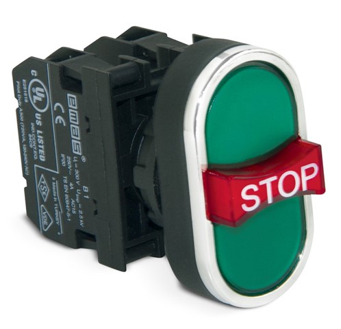 B Series Plastic 1NO+1NC+1NO Triple Single Extended Stop Green-Green 22 mm Control Unit